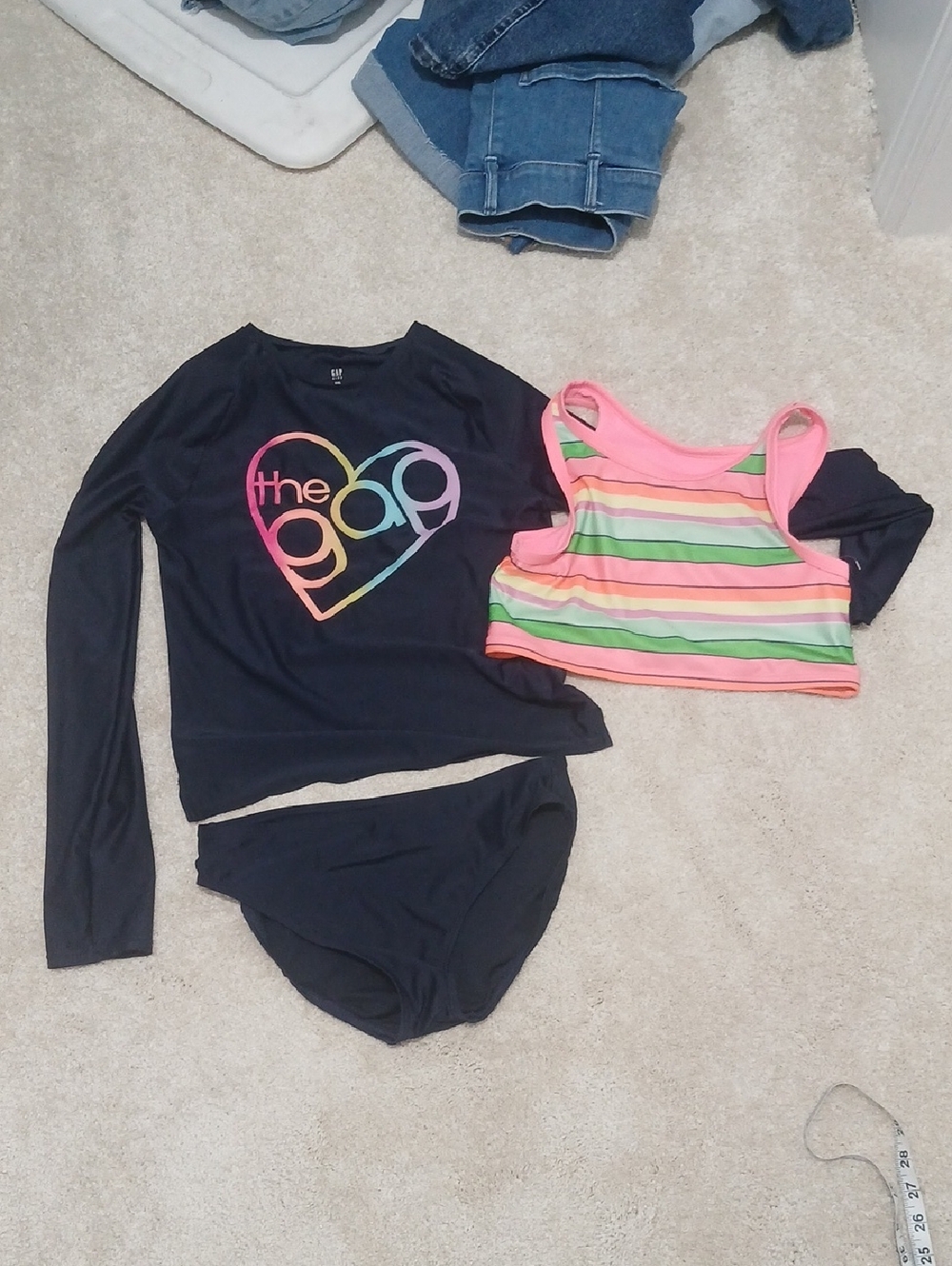 Gap Girls Navy Rash Guard Swim Set with Neon Heart Logo + Striped Swim Top